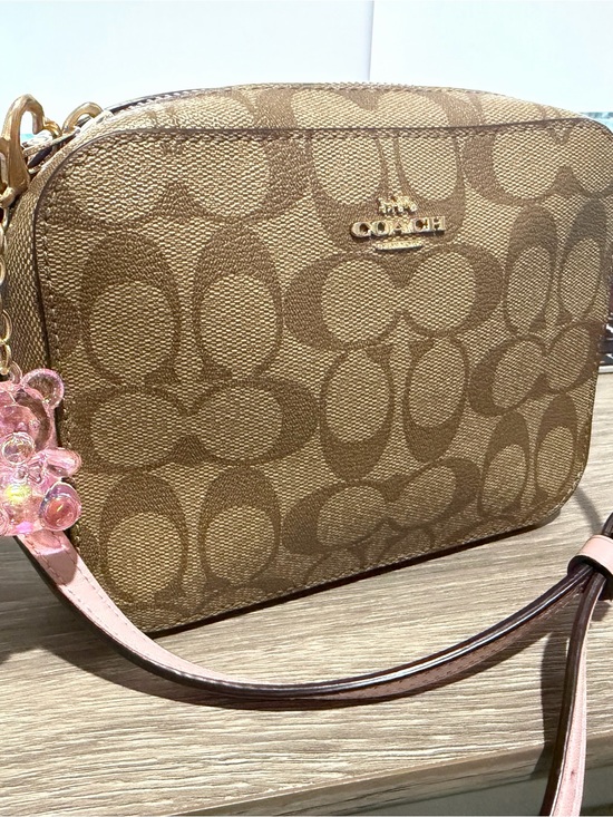 Coach Handbags - Coach Brown Signature Crossbody with Pink Strap Accent